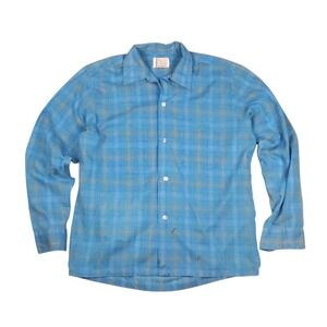 Vtg 60s Penneys Towncraft Loop Collar Shirt Mens M Blue Camp Plaid Mid Century